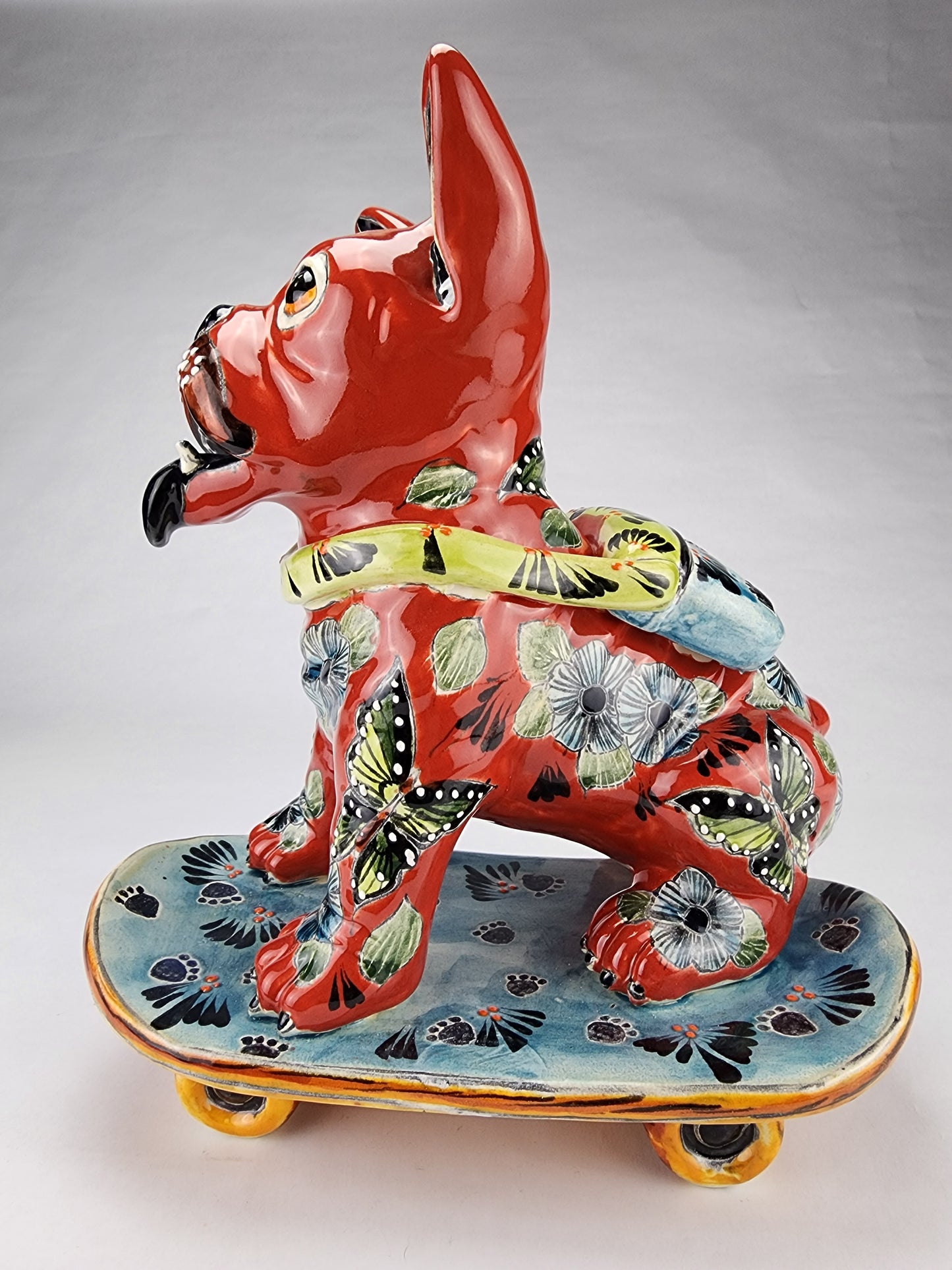 Hand Painted Skateboarding Frenchie Bulldog Ceramic Sculpture