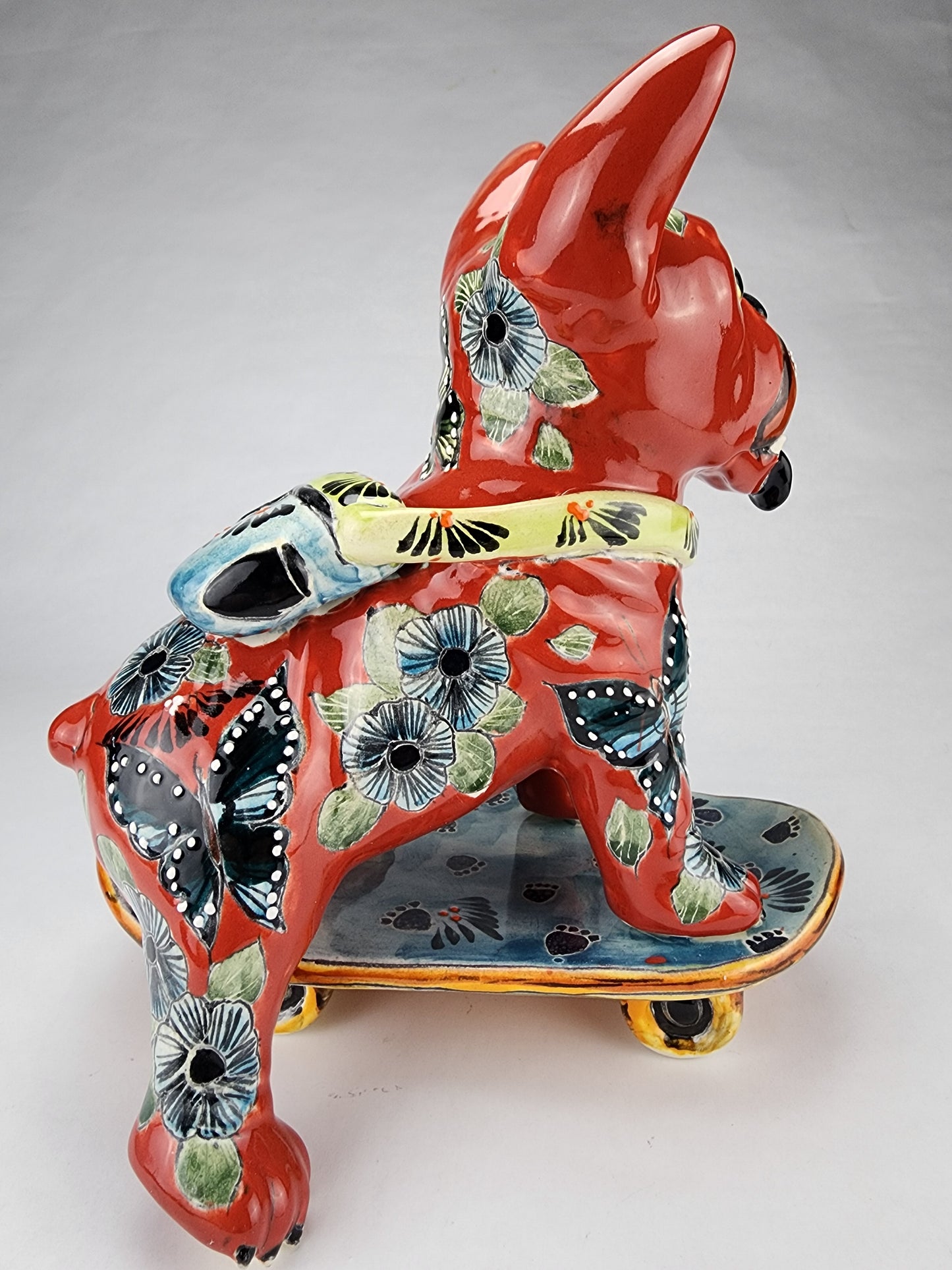 Hand Painted Skateboarding Frenchie Bulldog Ceramic Sculpture