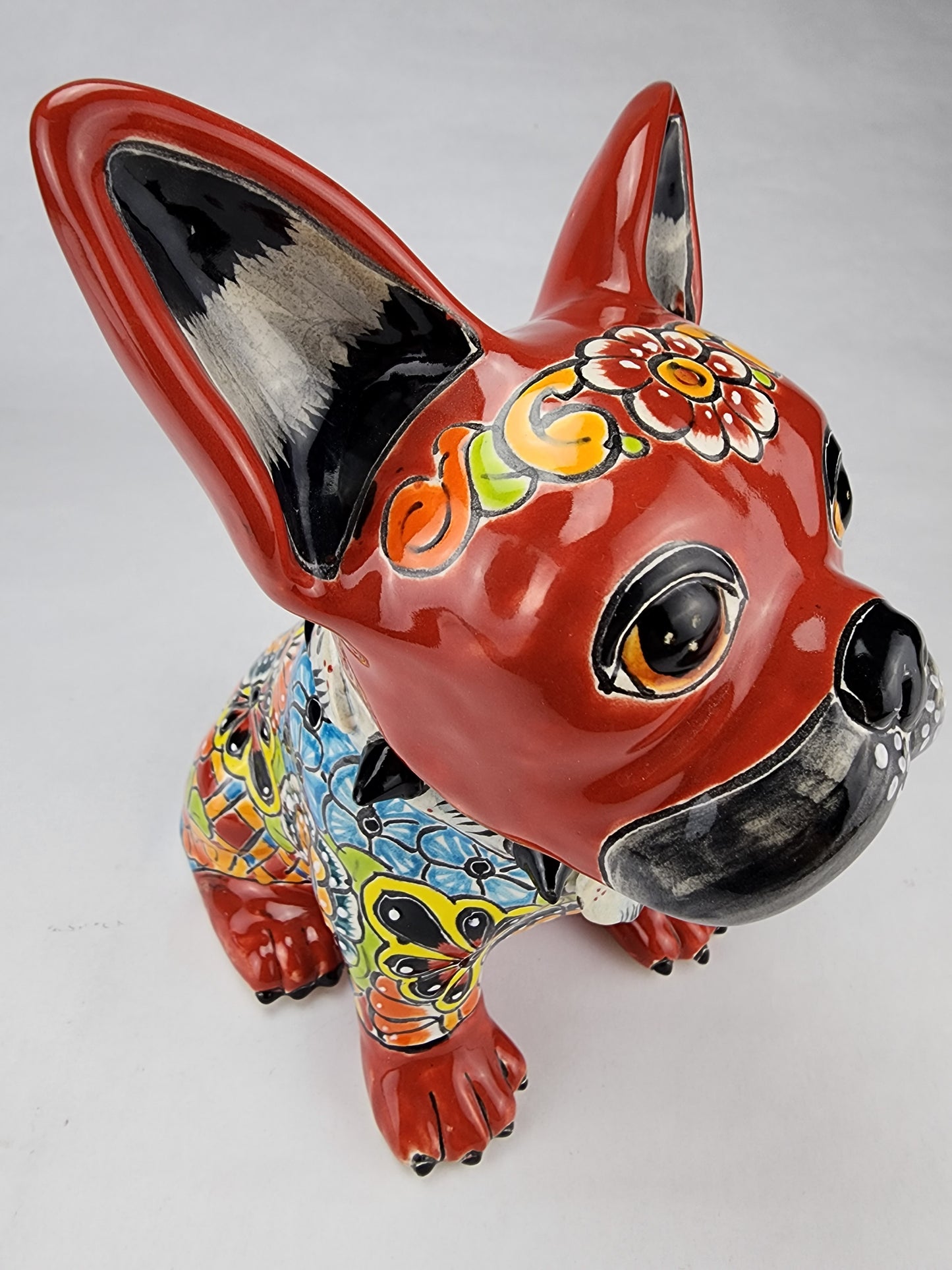 Hand-Painted Talavera French Bulldog Clay Sculpture