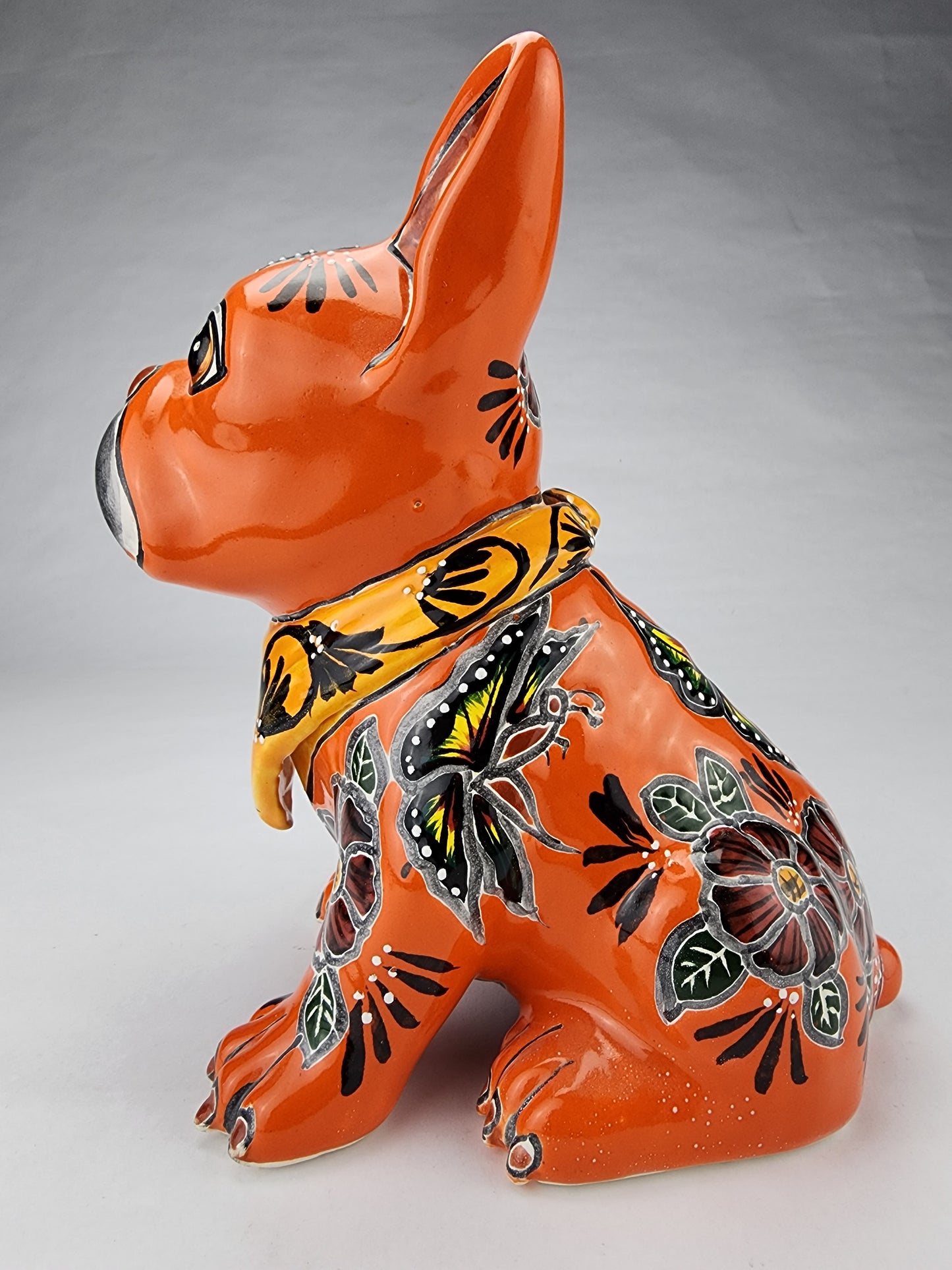 Orange French Bulldog with Light Orange Bandana – Handcrafted Mexican Folk Art Figurine