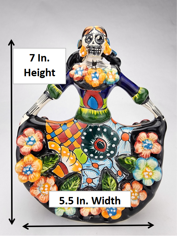 Hand-Painted Day of the Dead Catrina Figurine in Floral Dress Decor