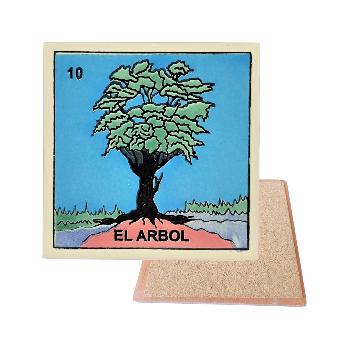 El Arbol #10 Loteria ceramic coaster with tree artwork and cork-backed reverse on a white background

