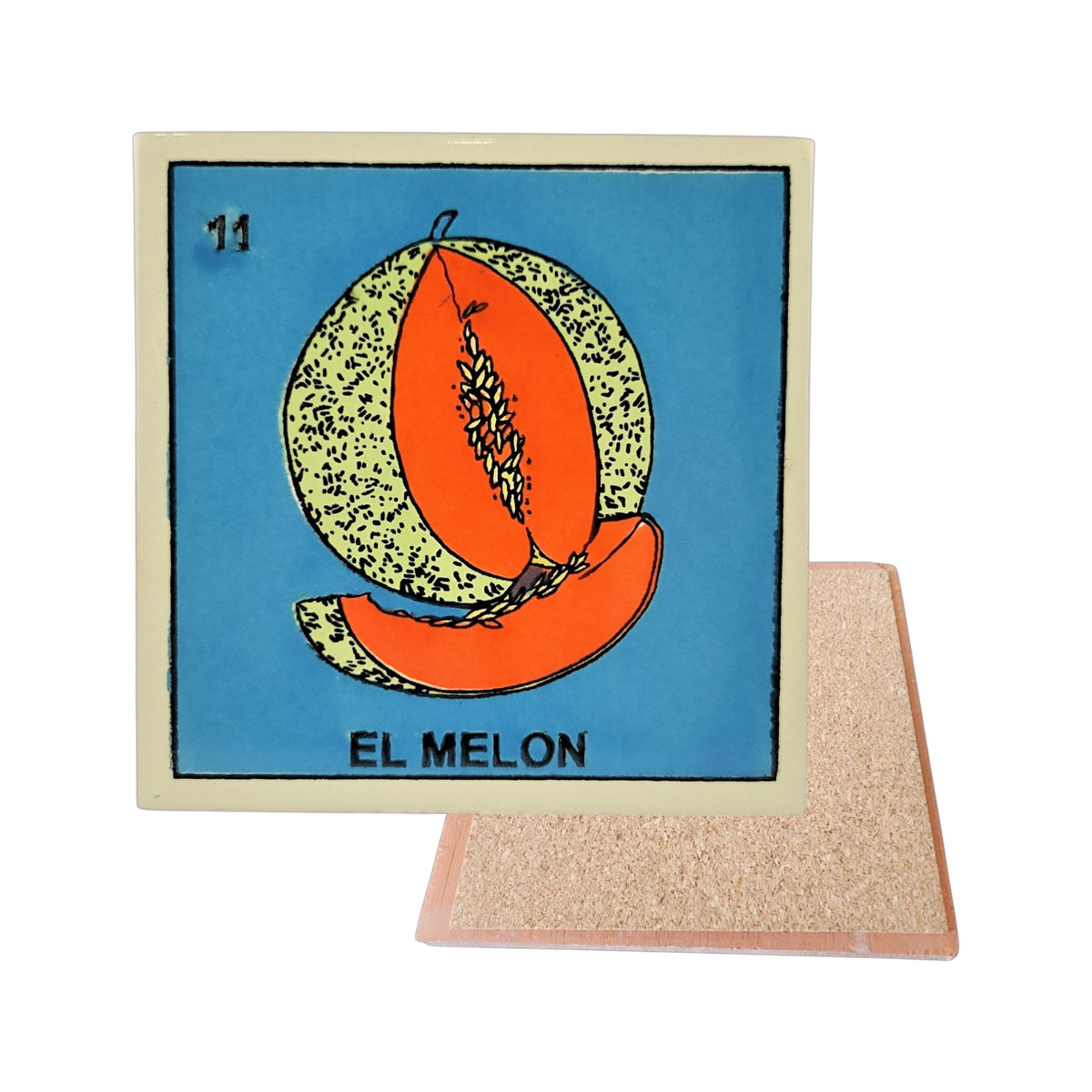 El Melon #11 Loteria ceramic coaster with melon artwork and cork-backed reverse on a white background
