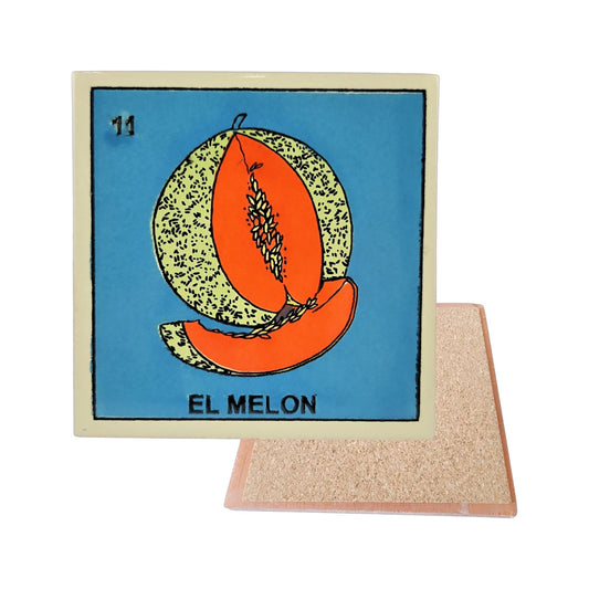 El Melon #11 Loteria ceramic coaster with melon artwork and cork-backed reverse on a white background
