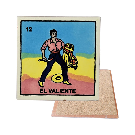 El Valiente #12 Loteria ceramic coaster with traditional character artwork and cork-backed reverse on a white background
