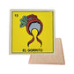 El Gorrito #13 Loteria ceramic coaster with small hat artwork and cork-backed reverse on a white background
