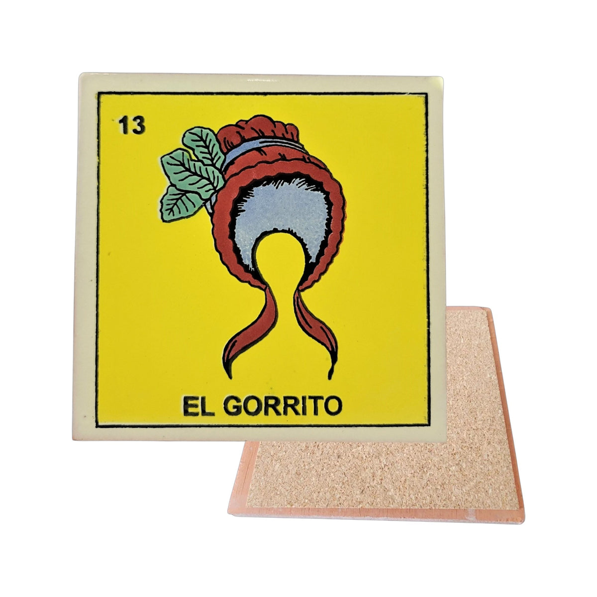 El Gorrito #13 Loteria ceramic coaster with small hat artwork and cork-backed reverse on a white background
