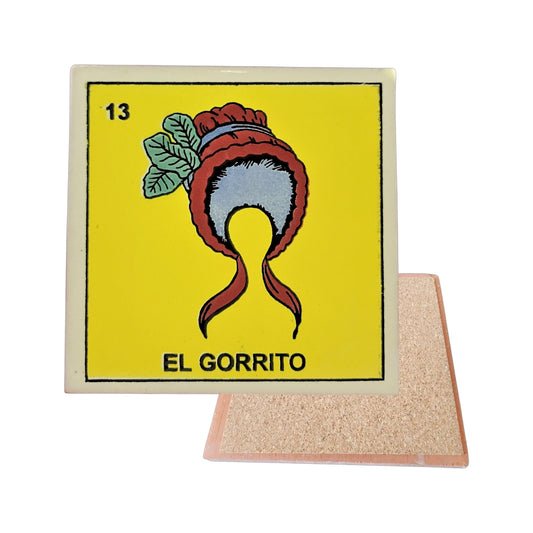 El Gorrito #13 Loteria ceramic coaster with small hat artwork and cork-backed reverse on a white background
