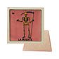 La Muerte #14 Loteria ceramic coaster with skeletal figure artwork and cork-backed reverse on a white background
