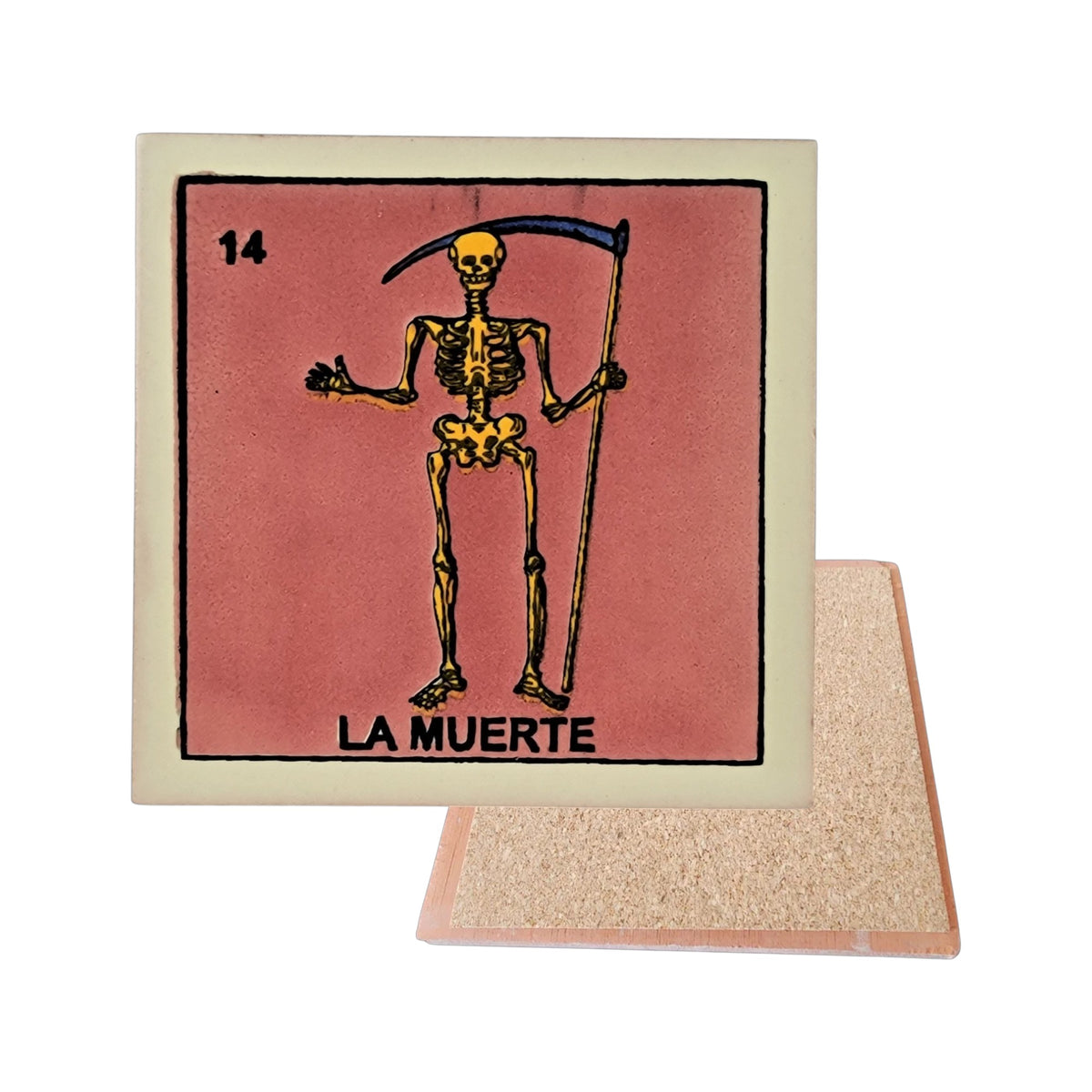 La Muerte #14 Loteria ceramic coaster with skeletal figure artwork and cork-backed reverse on a white background
