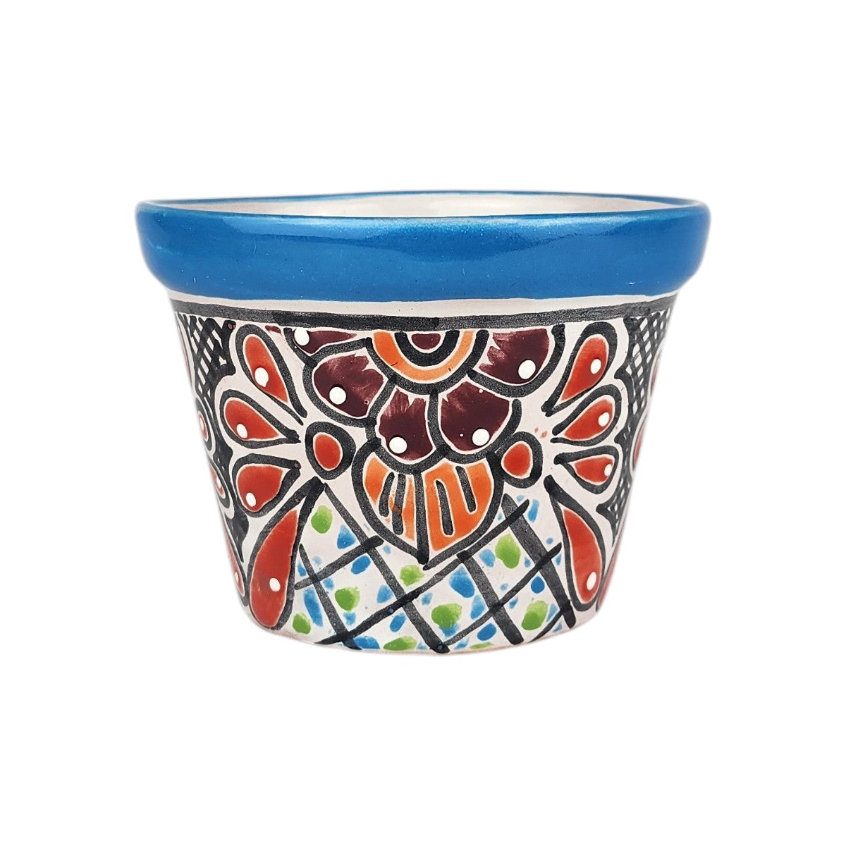 A small hand-painted ceramic pot with a vibrant blue rim and a colorful, intricate floral pattern on a white background.