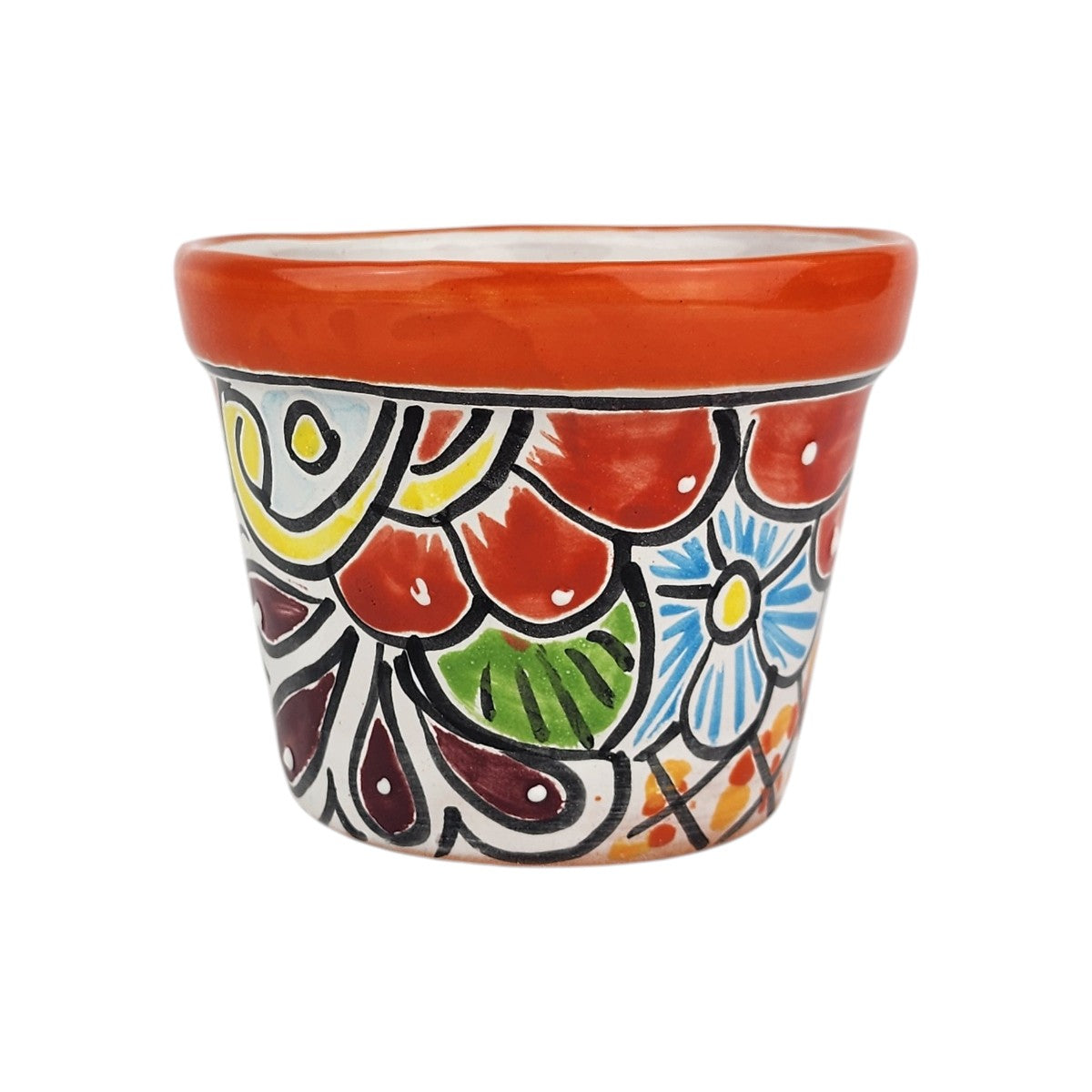 Red orange rim Talavera-style ceramic planter 5-inch hand-painted in Mexico