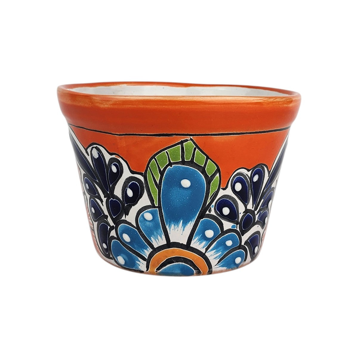 Red orange rim ceramic planter with sky blue and deep blue floral patterns, green leaf accents, white highlights, and black outlining on a white background.
