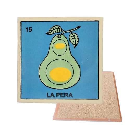La Pera #15 Loteria ceramic coaster with pear artwork and cork-backed reverse on a white background
