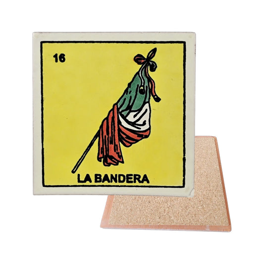 La Bandera #16 Loteria ceramic coaster with Mexican flag artwork and cork-backed reverse on a white background
