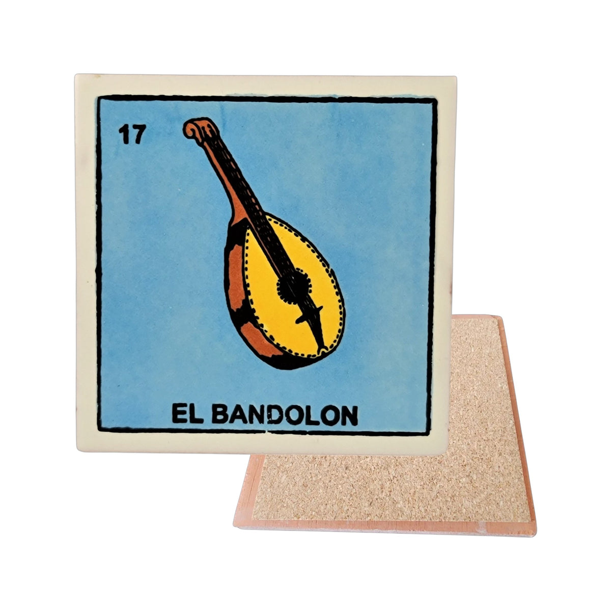 El Bandolon #17 Loteria ceramic coaster with stringed-instrument artwork and cork-backed reverse on a white background
