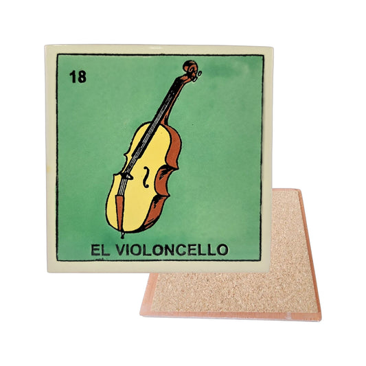 El Violoncello #18 Loteria ceramic coaster with cello artwork and cork-backed reverse on a white background
