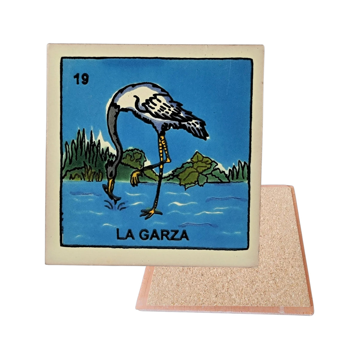 La Garza #19 Loteria ceramic coaster with heron artwork and cork-backed reverse on a white background
