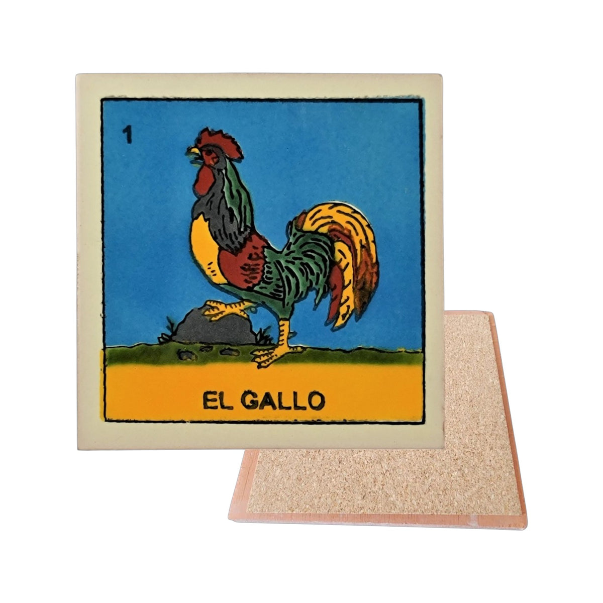 El Gallo #1 Loteria ceramic coaster with rooster artwork and cork-backed reverse on a white background
