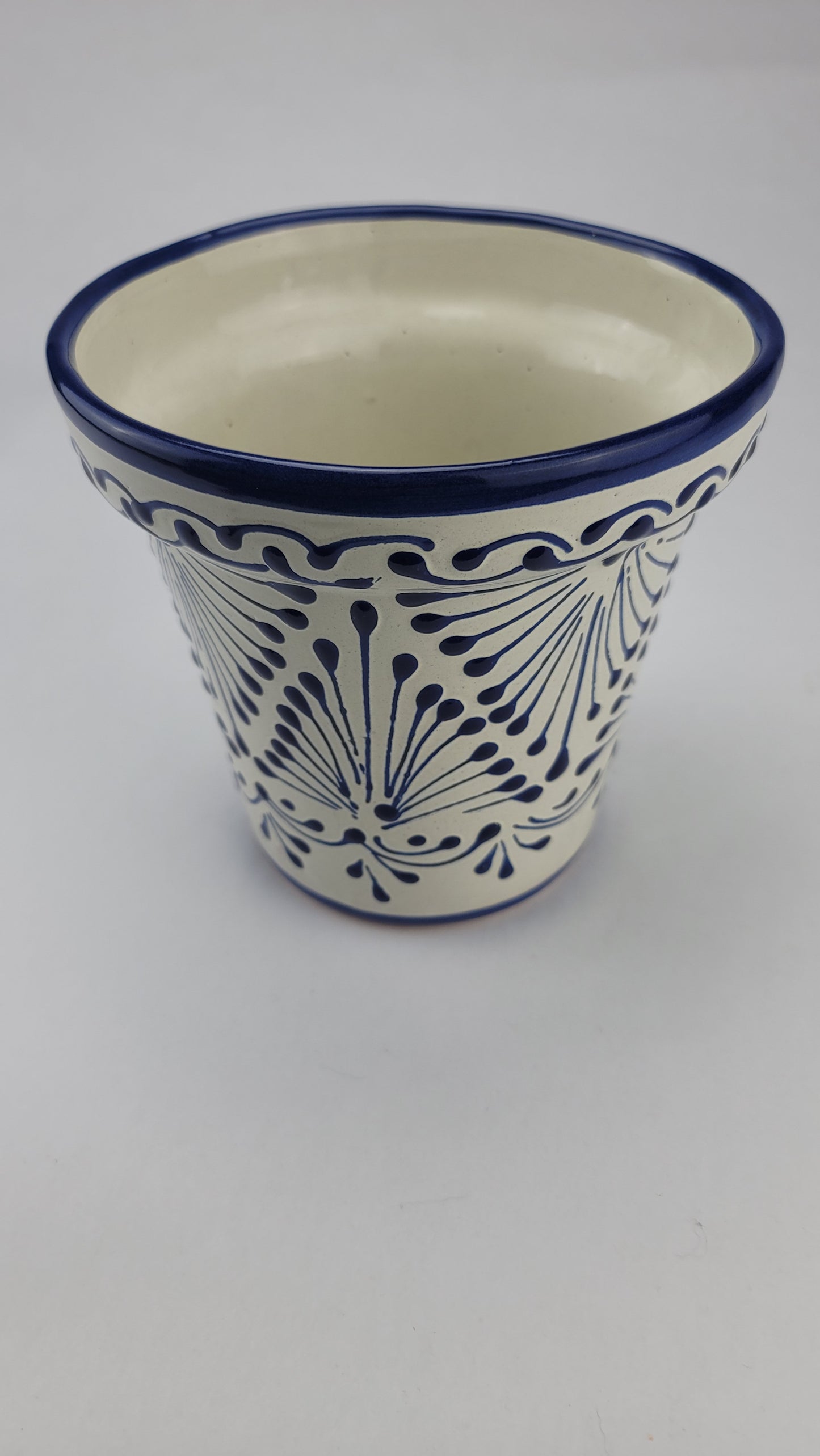Small Boho Mexican Ceramic Planter – Blue & Cream