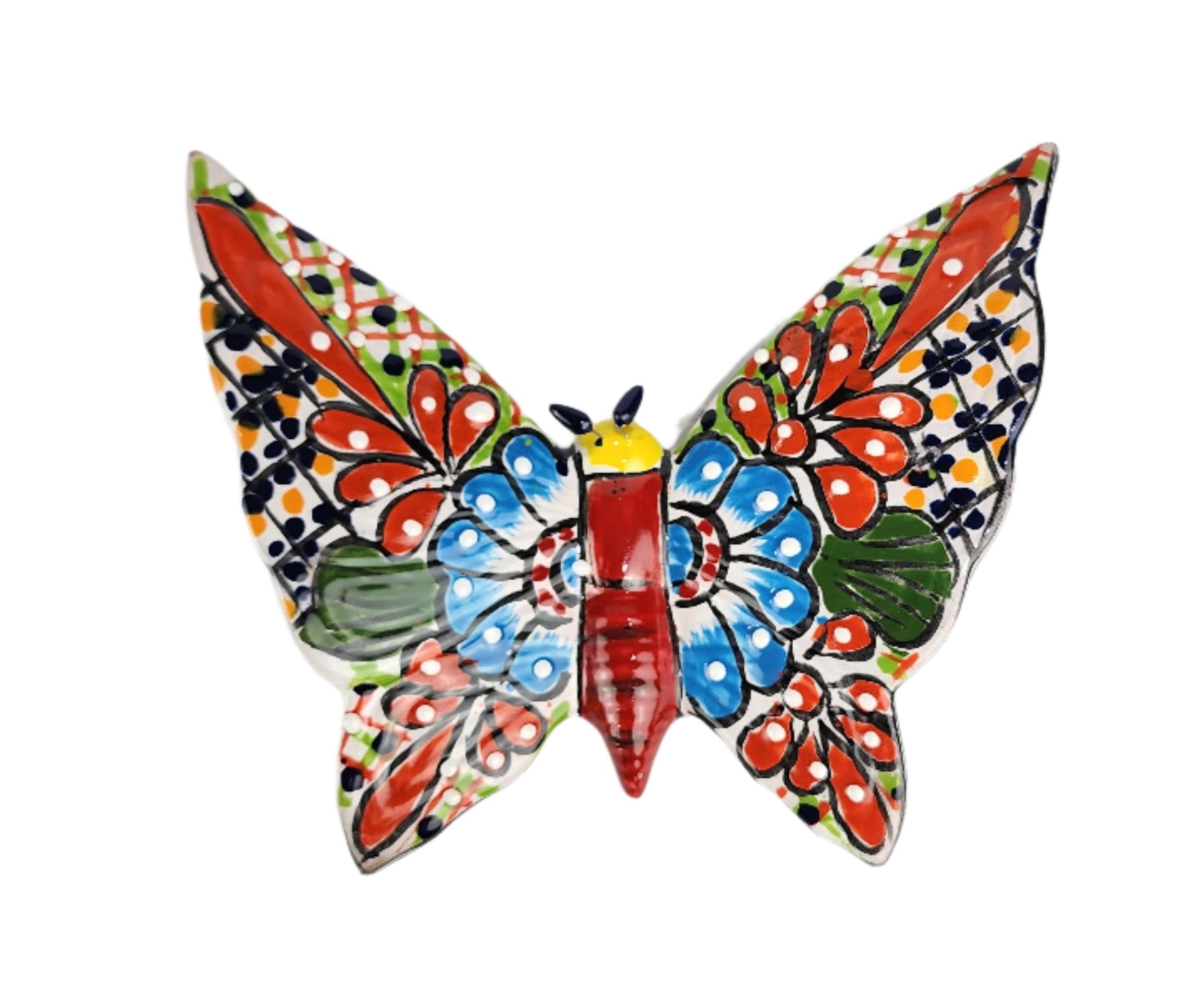 Decorative butterfly wall art with colorful patterns on a white background