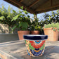 A colorful hand-painted ceramic planter pot with a navy blue rim sits on a weathered wooden table in an outdoor garden setting.