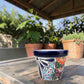 A small hand-painted ceramic planter pot with a Mexican folk art design, sitting on a weathered wooden table in an outdoor garden setting.