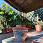 A small hand-painted ceramic planter pot with a red-colored rim and a colorful floral and geometric pattern, sitting on a wooden table under a covered patio with potted plants in the background.