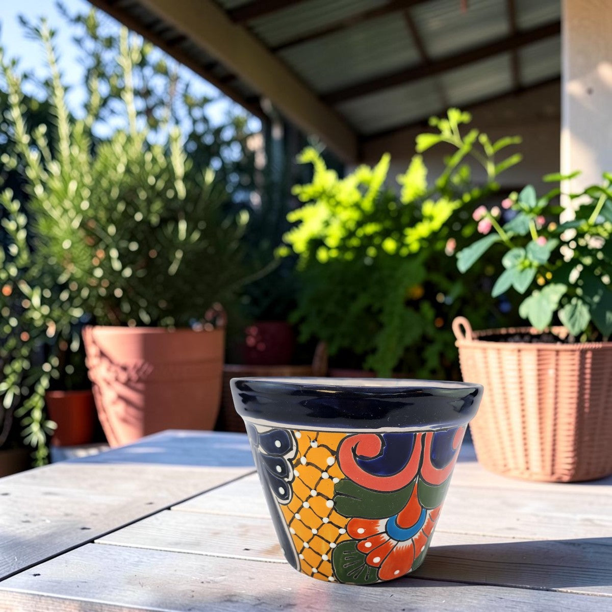 Blue Rim Talavera-Style Ceramic Planter 8" | Mexican Flower Pot