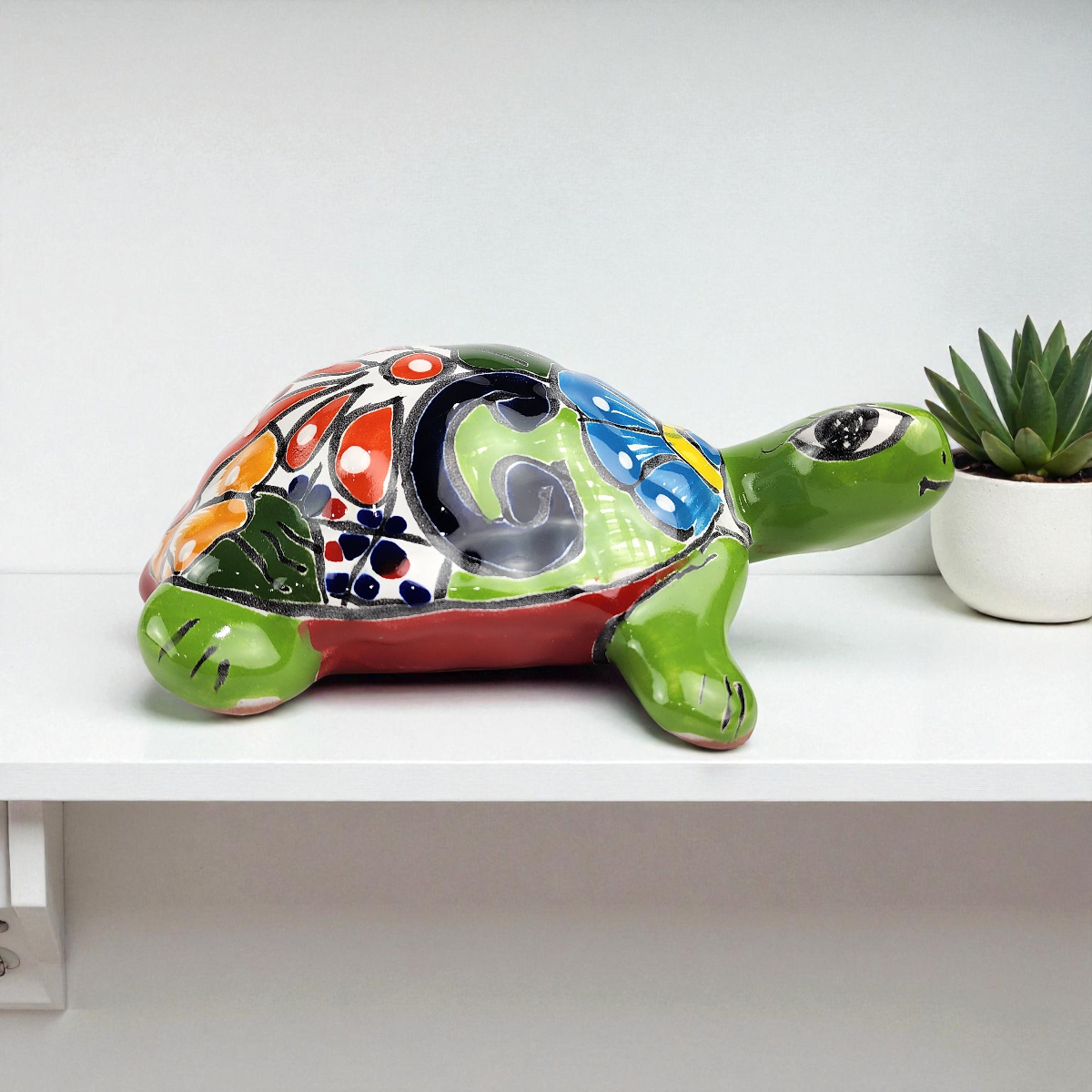 Green Talavera-Style Turtle – Handcrafted Mexican Folk Art Décor