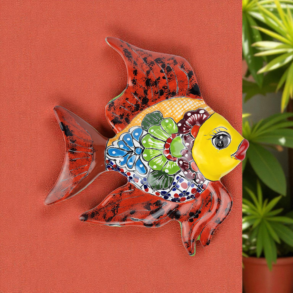 Red Talavera-Style Fish – Handcrafted Mexican Folk Art Décor