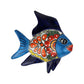 Navy and light blue Talavera-style ceramic fish wall décor with colorful floral artwork on a white background.