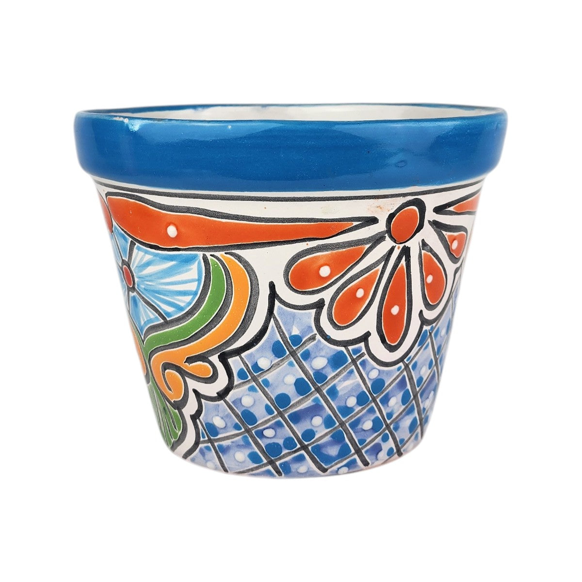 A small hand-painted ceramic planter pot with a blue glazed rim and a colorful hand-painted floral and geometric pattern on a white background.