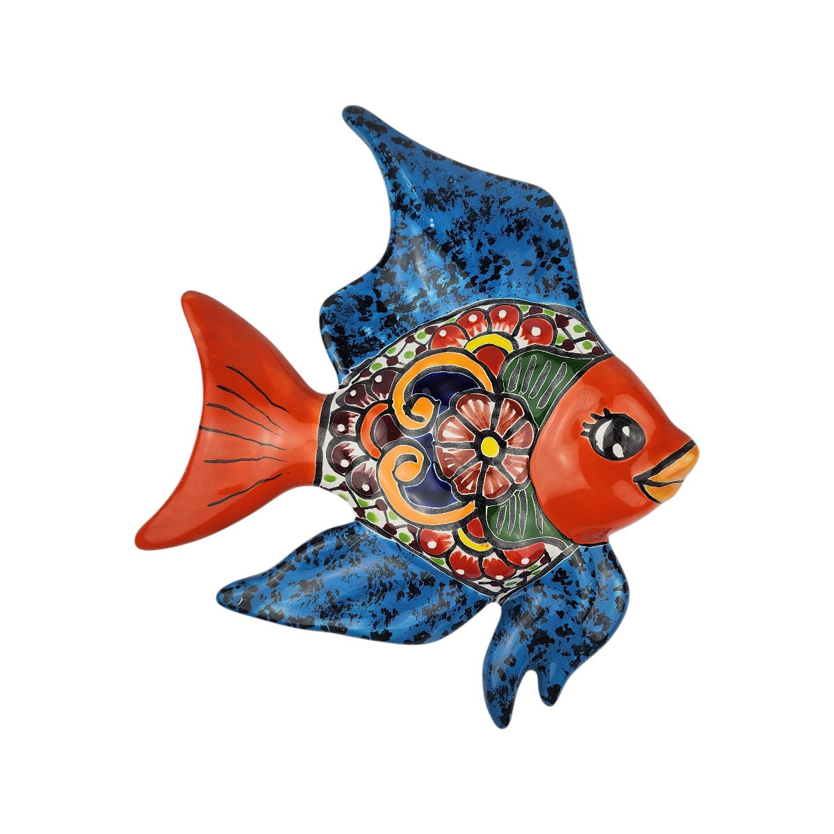Blue Talavera-style ceramic fish wall décor with colorful floral artwork on a white background.