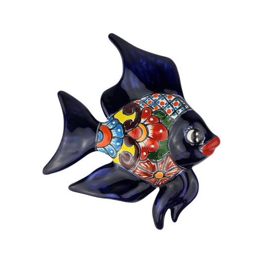 13-inch navy blue Talavera-style ceramic fish wall décor handcrafted in Mexico with colorful floral artwork on a white background.