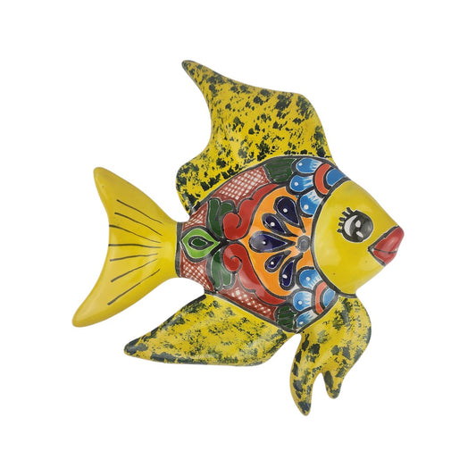 Yellow Talavera-style ceramic fish wall décor with colorful floral artwork on a white background.