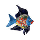 Navy blue Talavera-style ceramic fish wall décor with light blue face and tail on a white background.