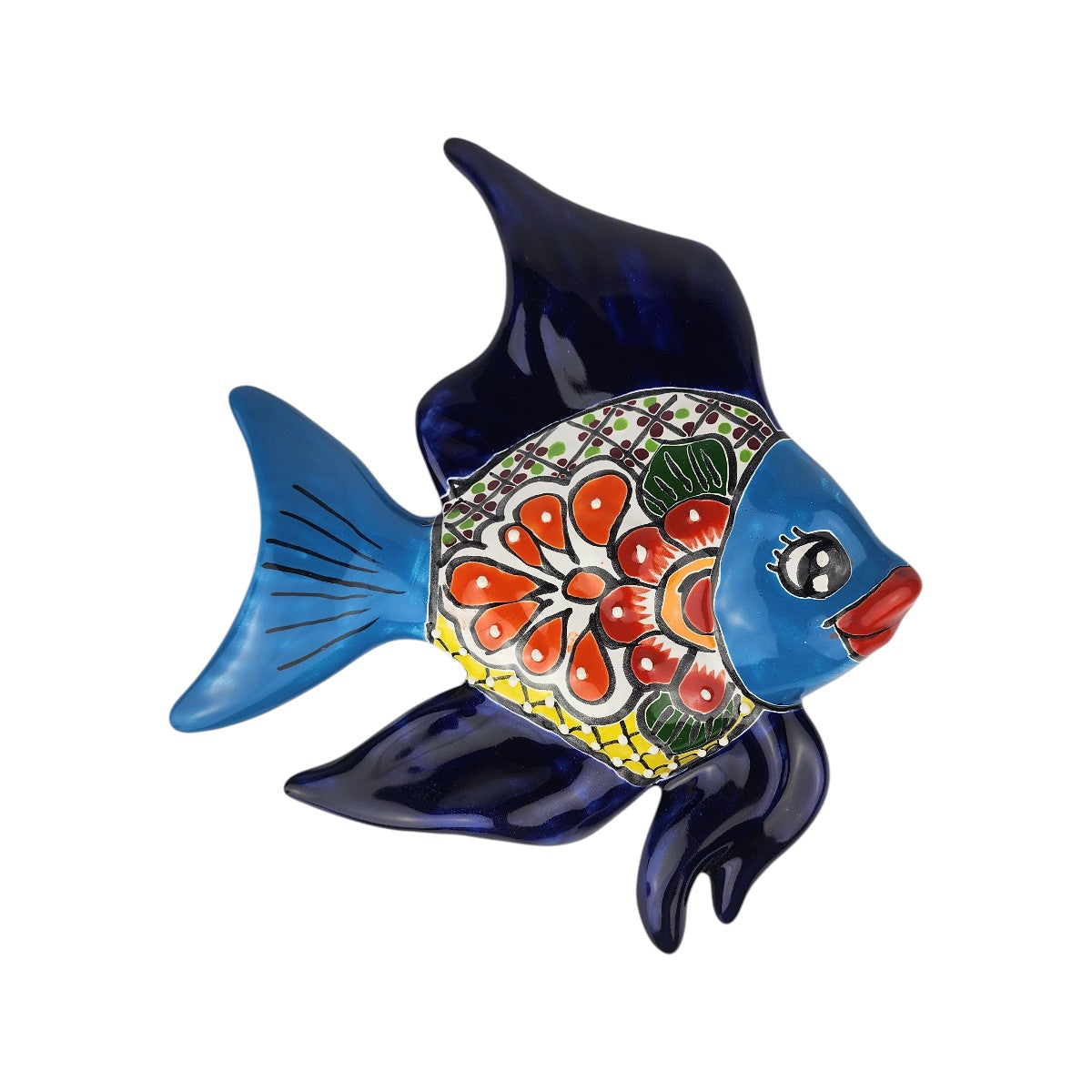 Navy blue Talavera-style ceramic fish wall décor with light blue face and tail on a white background.
