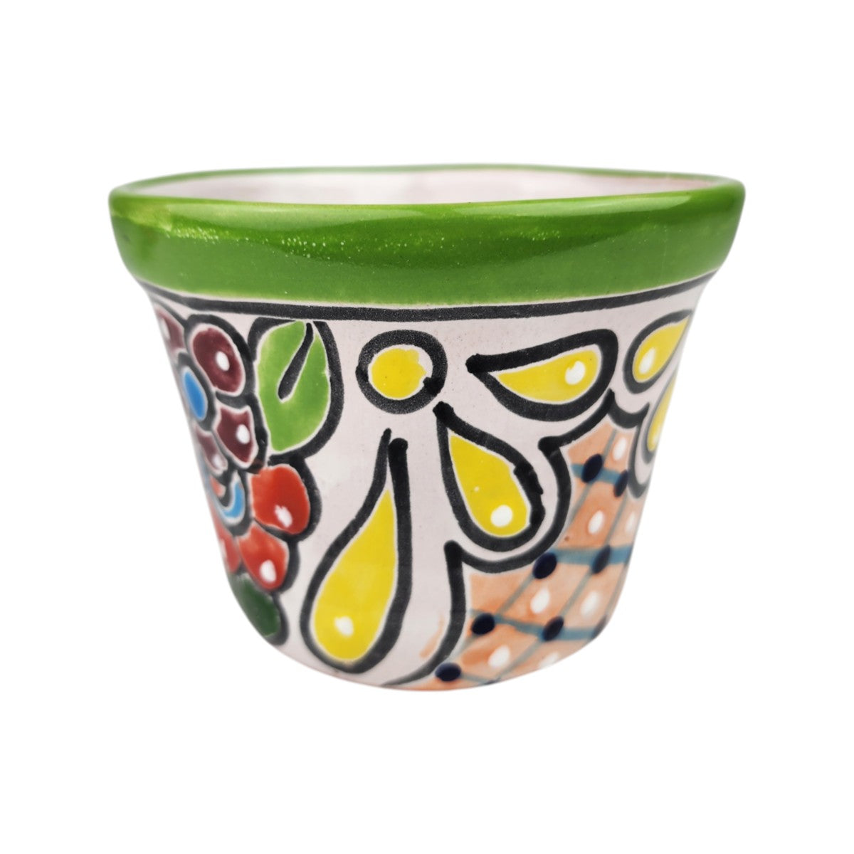 A small hand-painted ceramic planter pot with a green glazed rim and a colorful floral pattern on a white background.