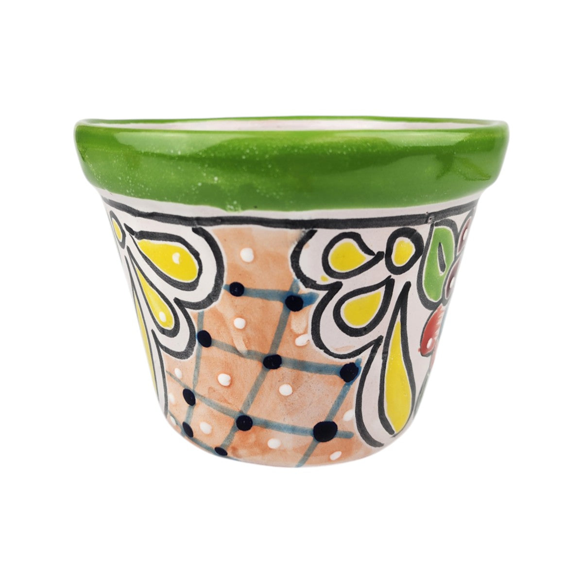 A small hand-painted ceramic planter pot with a vibrant green glazed rim, a peach-colored glazed base, and colorful hand-painted floral and geometric patterns in yellow, black, white, and blue.