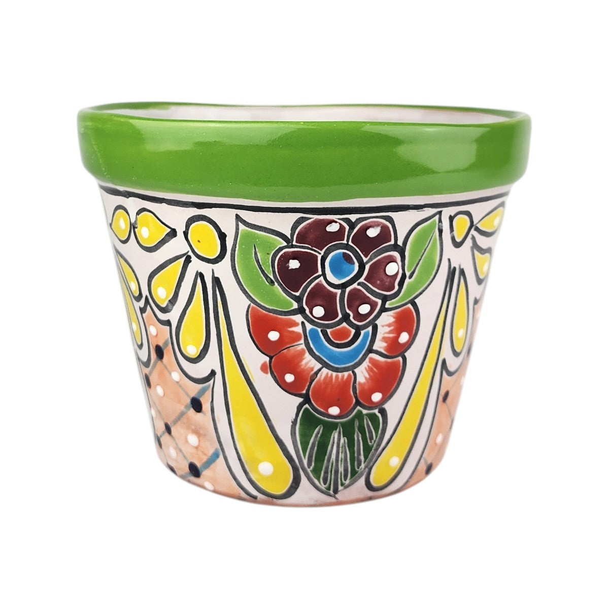 A small hand-painted ceramic planter pot with a glossy green rim and a colorful floral pattern on a white background.