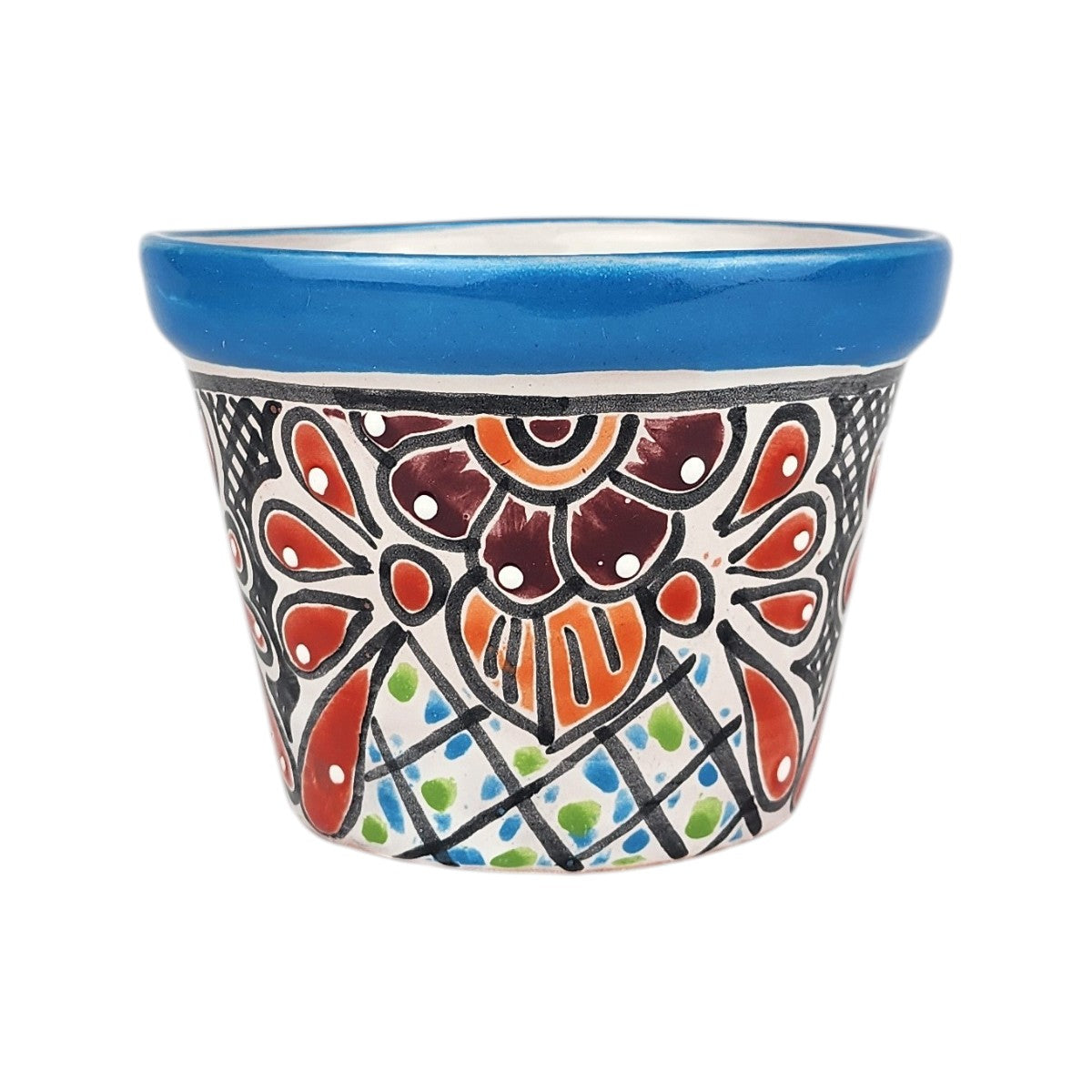 A small hand-painted ceramic pot with a vibrant blue glazed rim and a colorful, intricate hand-painted pattern on the body featuring red, orange, green, and brown details on a white background.