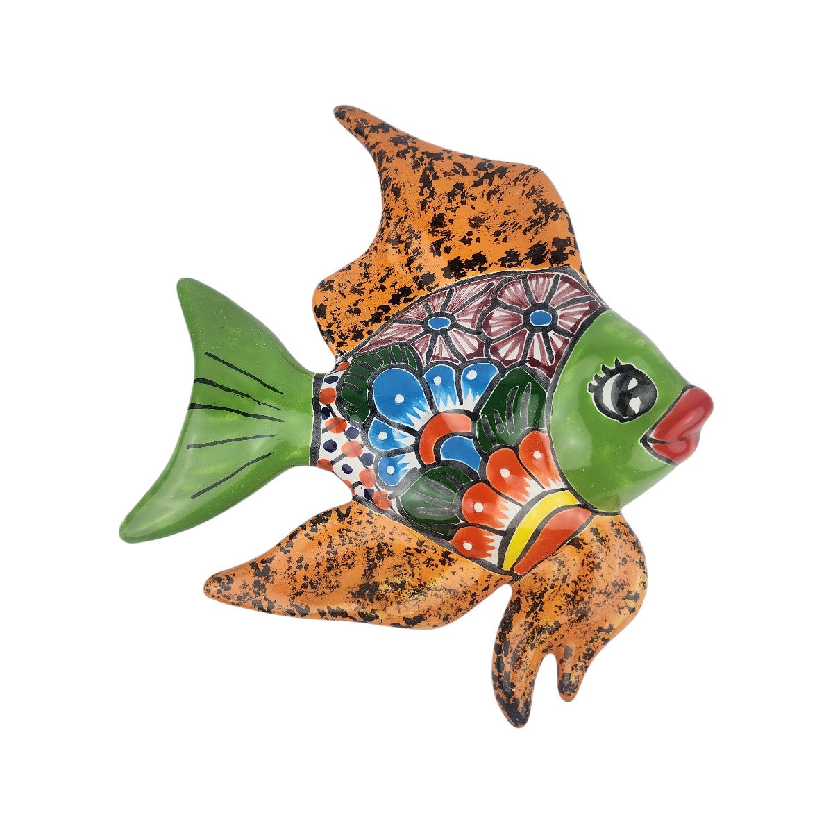 Green Talavera-style ceramic fish wall décor with colorful floral artwork on a white background.