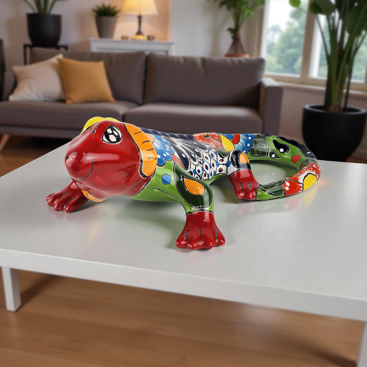 Colorful iguana figurine on a white table in a living room setting