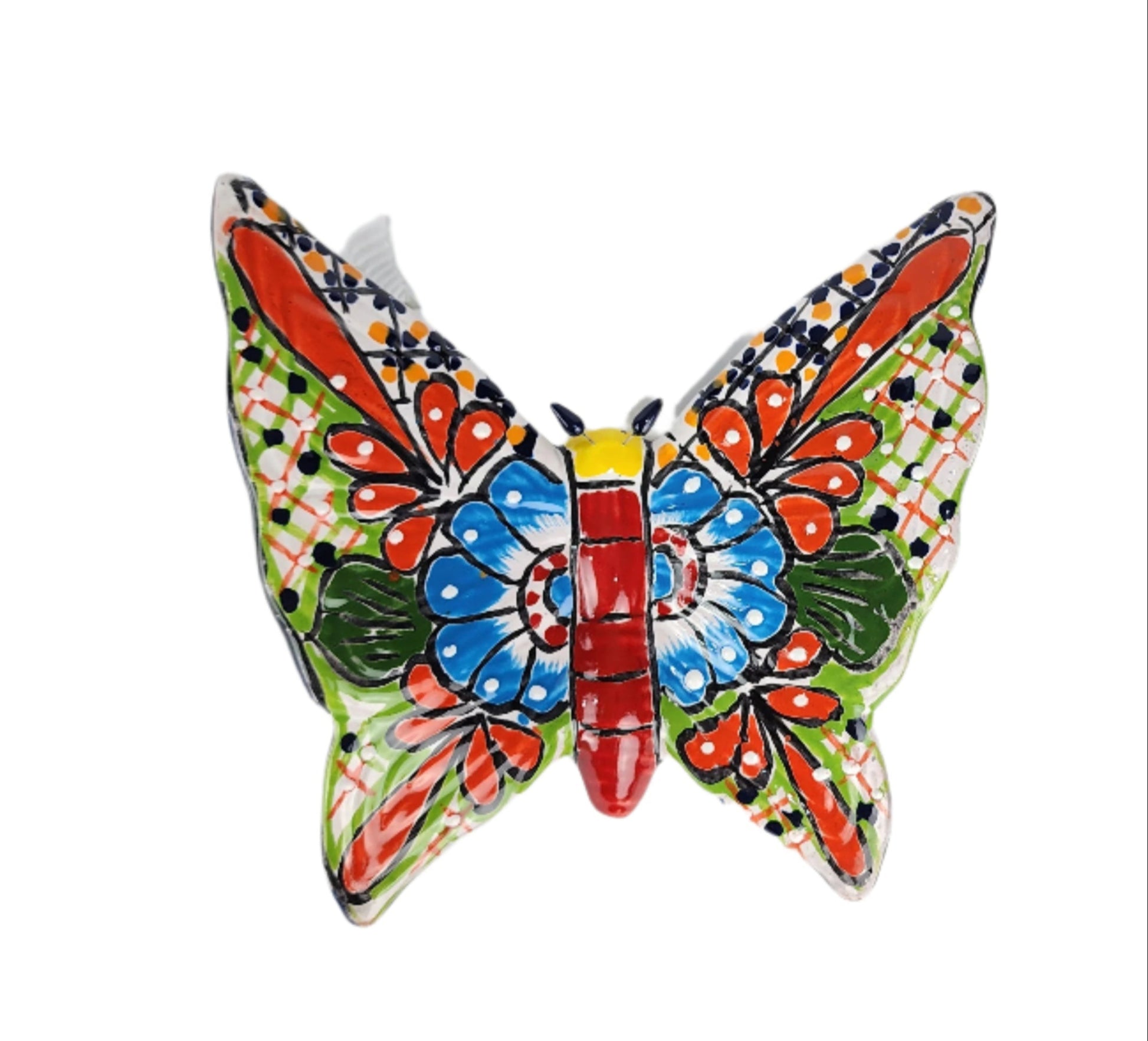 Decorative ceramic wall hanging with colorful floral design on a white background