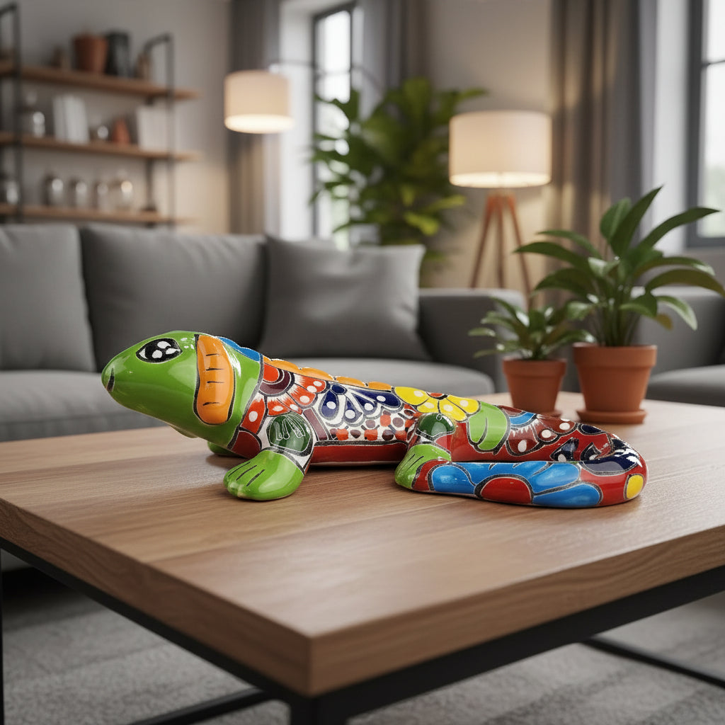 Colorful ceramic iguana sculpture on a wooden coffee table in a living room.