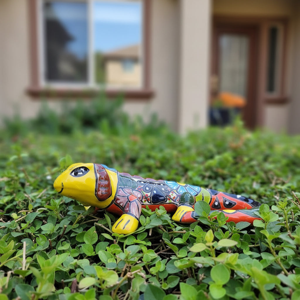 Colorful yellow iguana figurine on green grass with a blurred house background