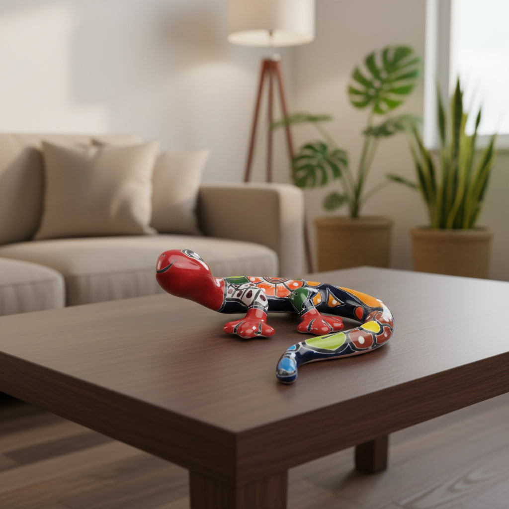 Colorful ceramic gecko sculpture on a coffee table