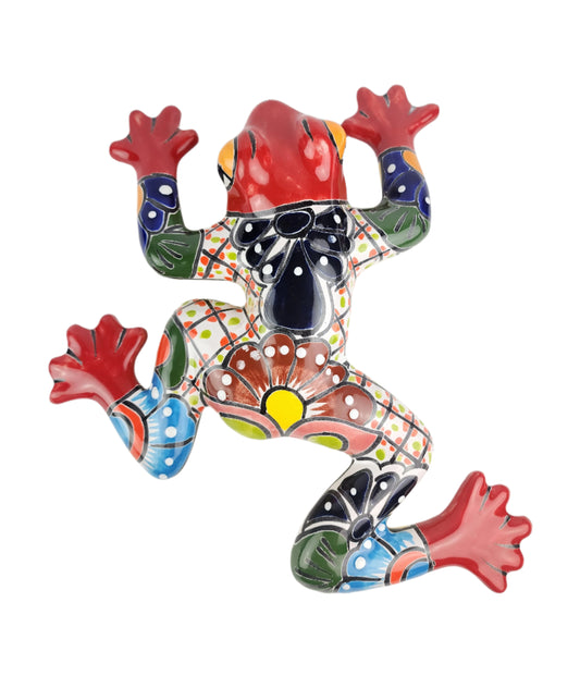 Colorful ceramic frog wall art on a white background