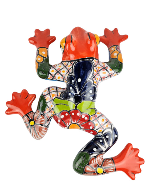 Colorful ceramic frog wall art on a white background